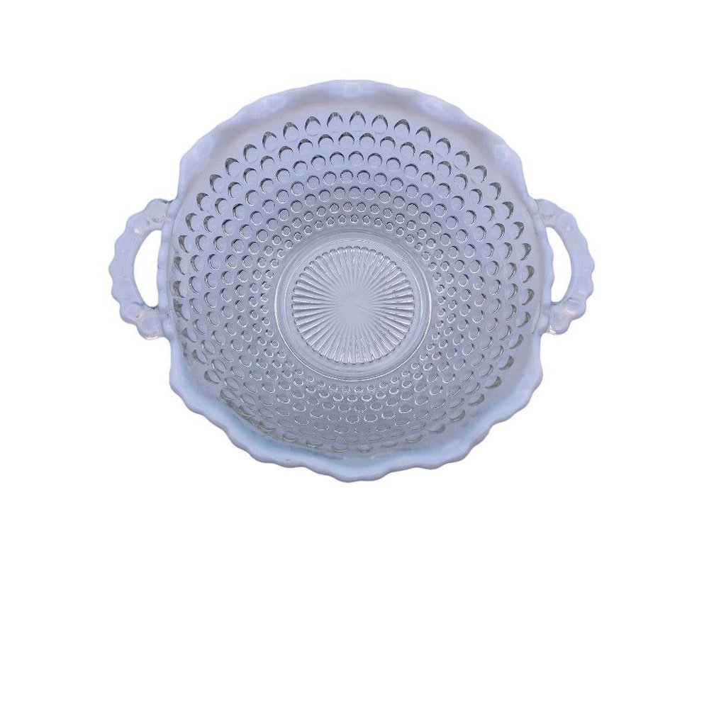 Vintage Anchor Hocking Moonstone Hobnail 6.5" Crimped Round Handled Bowl
